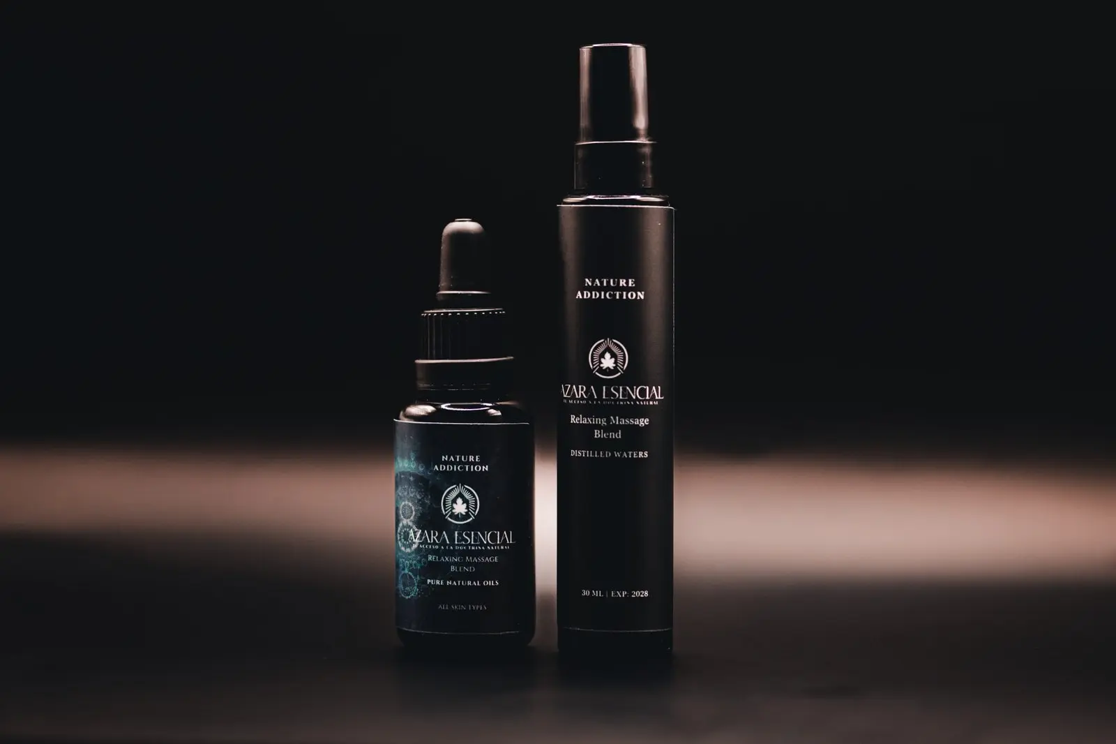 relaxing massage blend BY azara natural Cinematic Shot for the product in the dark
