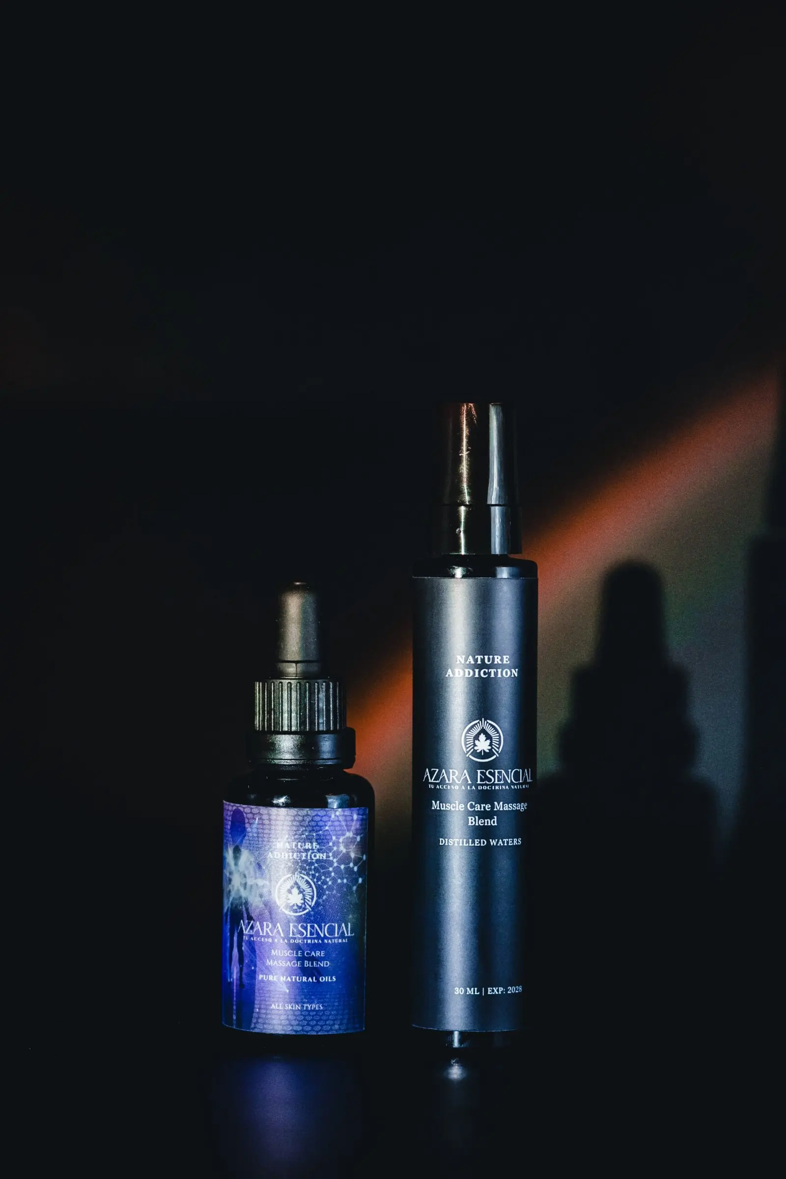Muscle care blend BY azara natural cinematic shot for the product in the dark