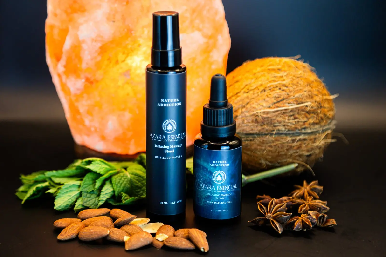 relaxing massage blend BY azara natural Product shot with the ingredients