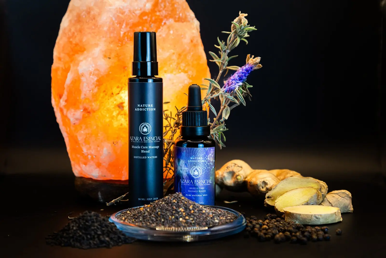 Muscle care blend BY azara natural cinematic shot for the products and the ingredients