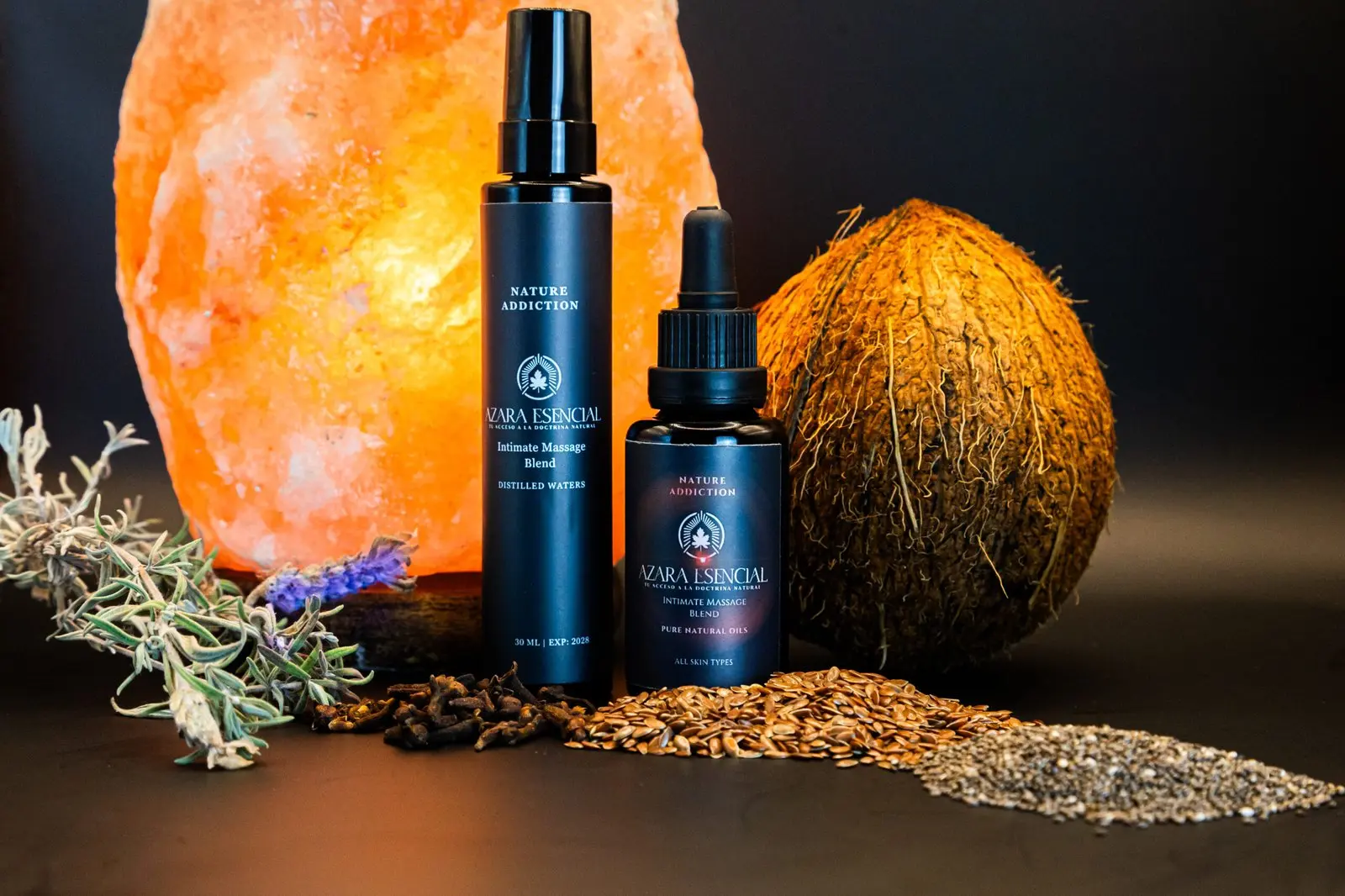 Intimate massage blend BY azara natural cinematic product shot with its natural ingredients
