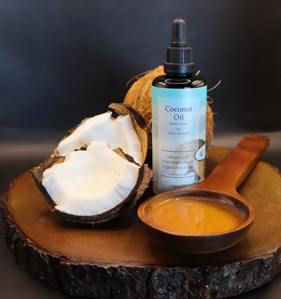 Product shot with black background for the bottle of Coconut oil with a wooden spoon full of the oil BY azara natural