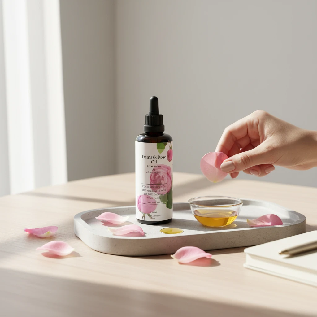 lifestyle product shot for damask rose oil bottle BY azara natural