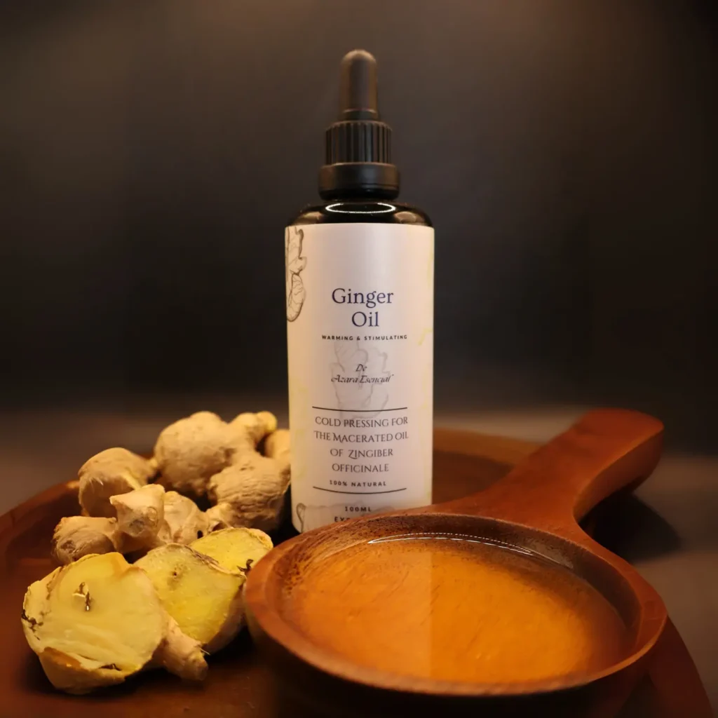 Ginger oil bottle BY azara natural professional product shot with black background and wooden spoon full of the oil and Ginger tubers all of them of wooden circular base