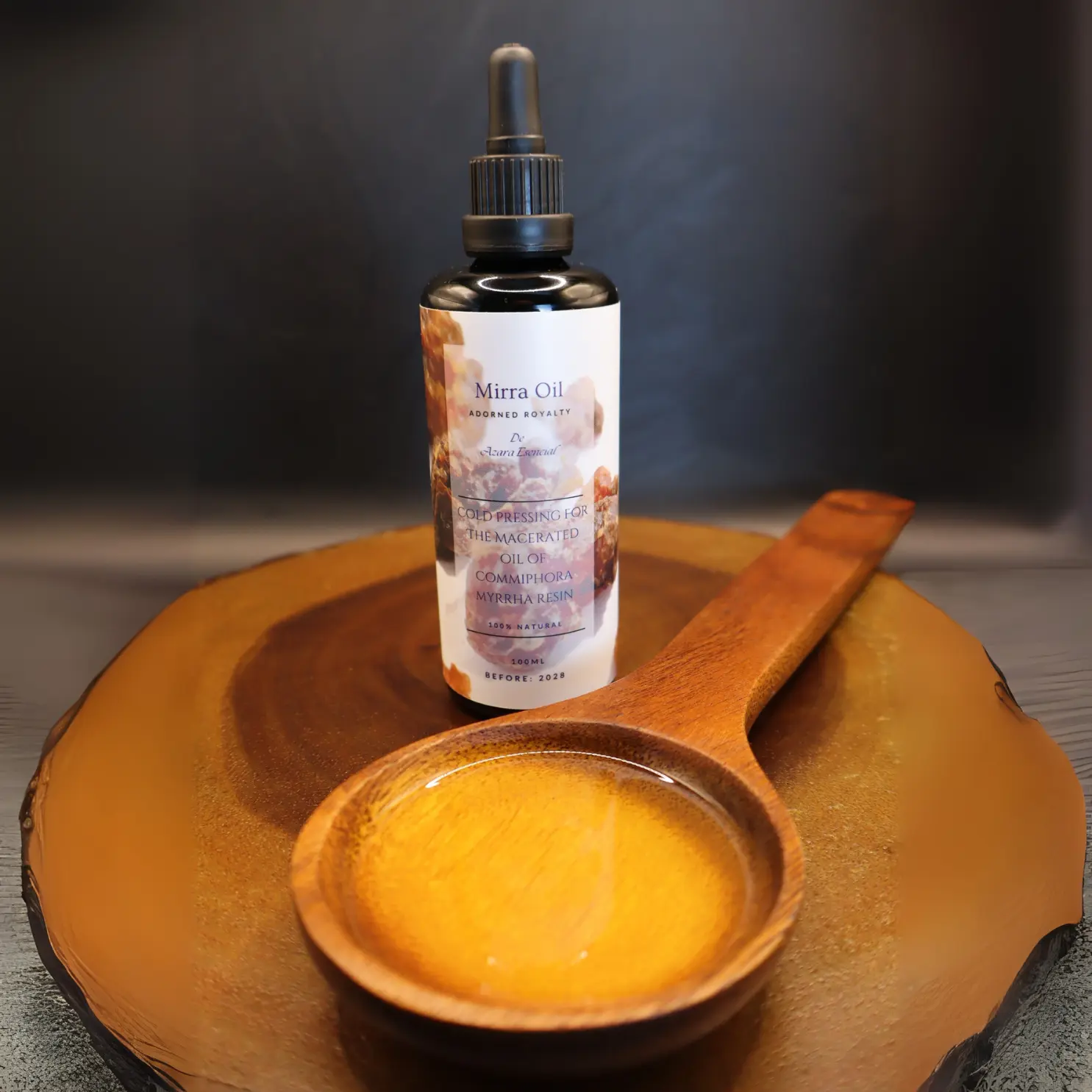 Myrrh Oil BY azara natural professional product shot with black background