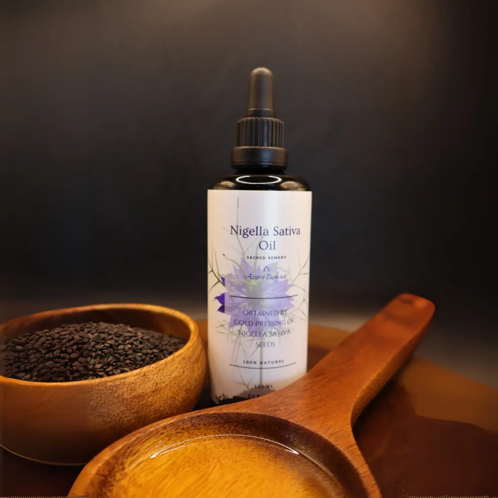 Nigella sativa oil bottle BY azara natural professional product shot with black background and wooden spoon full of the oil and wooden cup of natural seeds