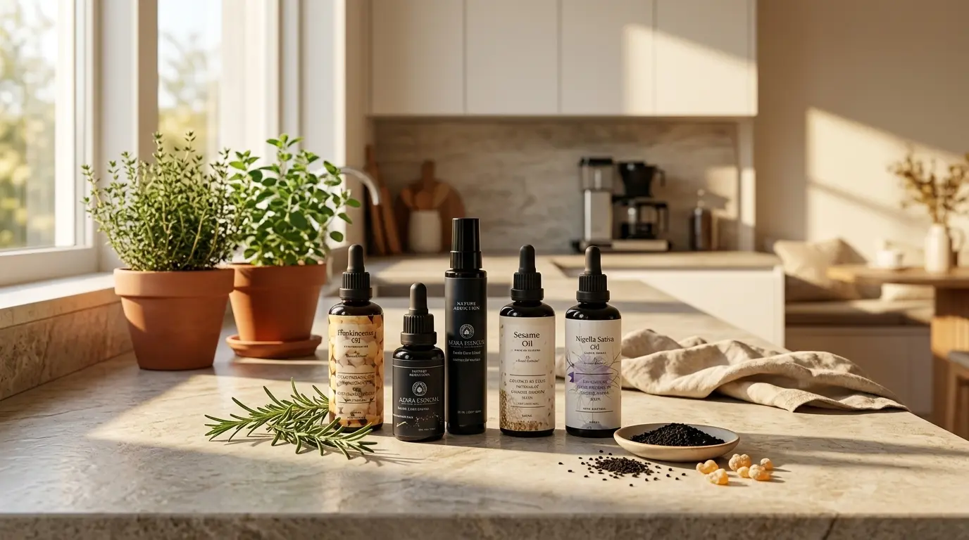 Facial Care blend next to black seed and frankincense bottles By Azara Natural