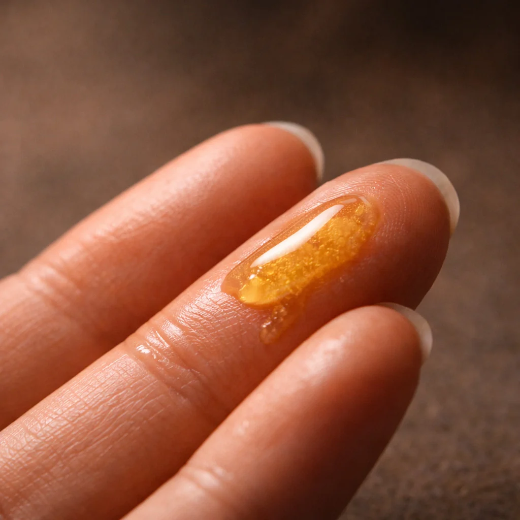 Close-up of a drop of black seed oil on fingertips over slightly damp skin By Azara Natural
