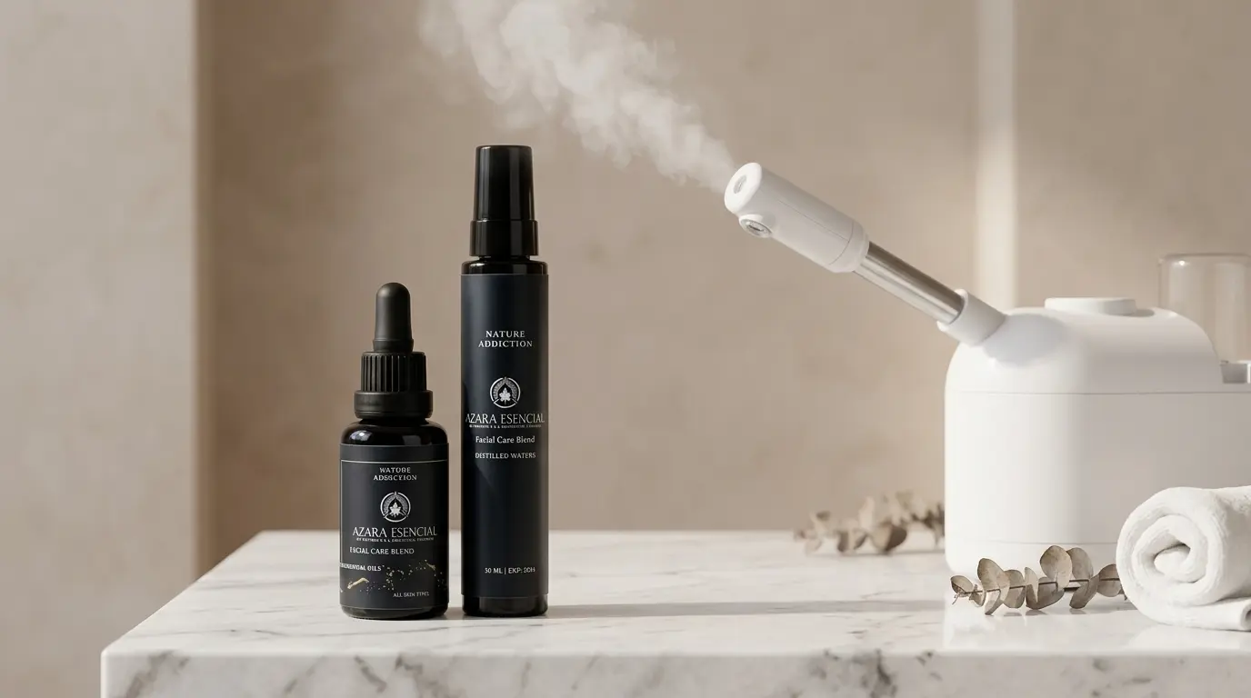 Skincare_bottles_with_steam_machine_Azara Natural Facial Ritual