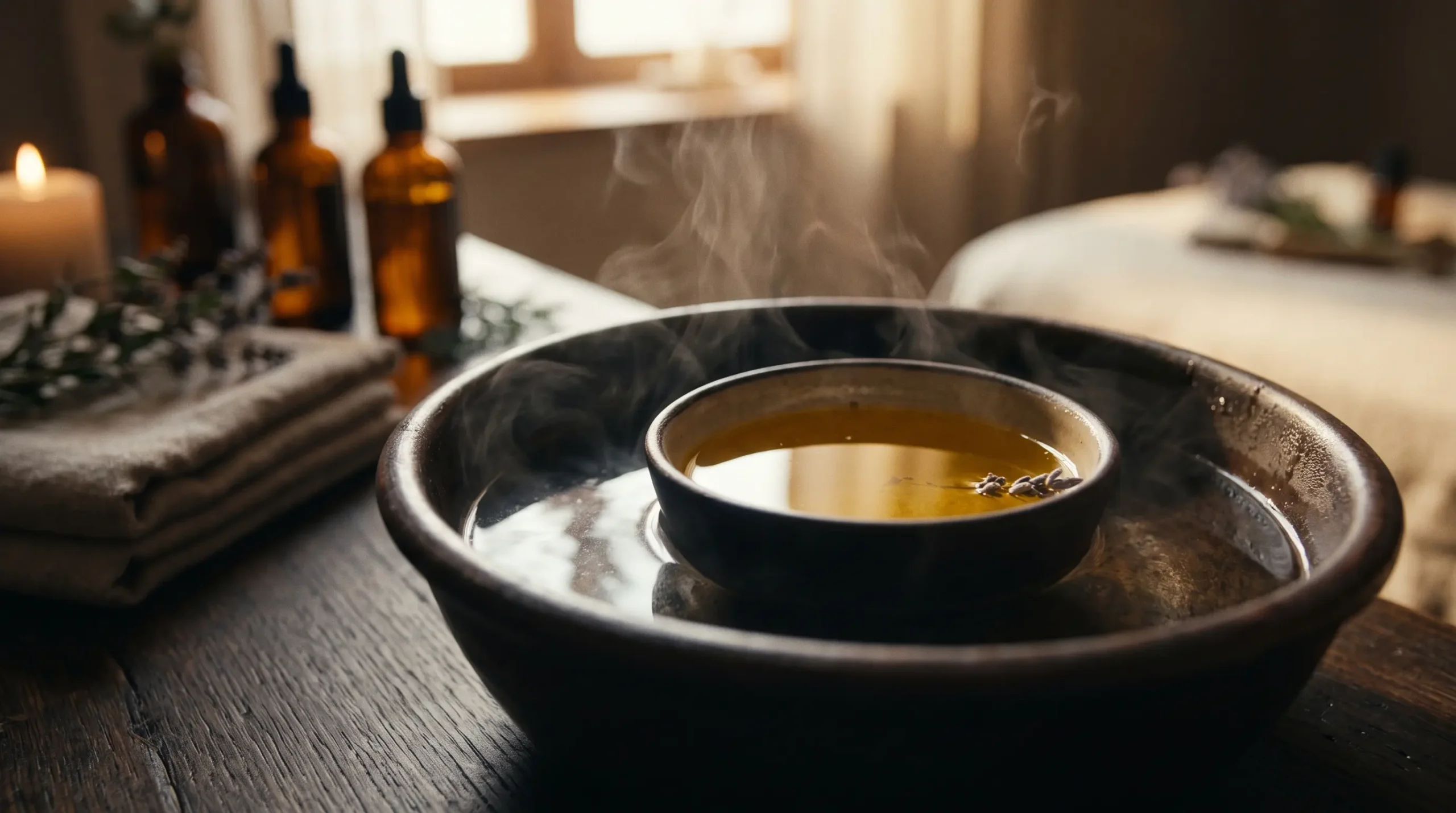 Massage oil being warmed in a small bowl in a water bath by azara natural blog image