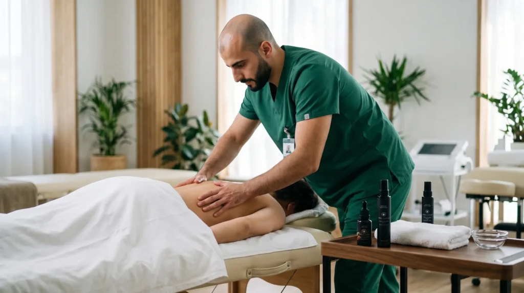 Jaafar Ghareeb Physiotherapist and co founder of Azara Natural in his clinic giving massage for a patient
